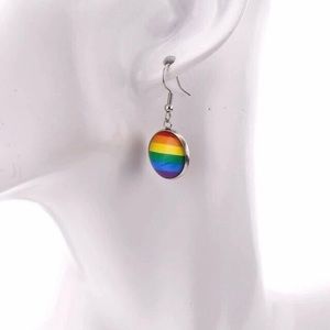 🌈PRIDE Rainbow Striped Silvertone Round Earrings Unisex NWT
